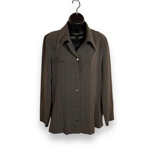 MEDIUM VINTAGE 90s GREY LONG SLEEVE BLOUSE LYNN RITCHIE PINSTRIPE